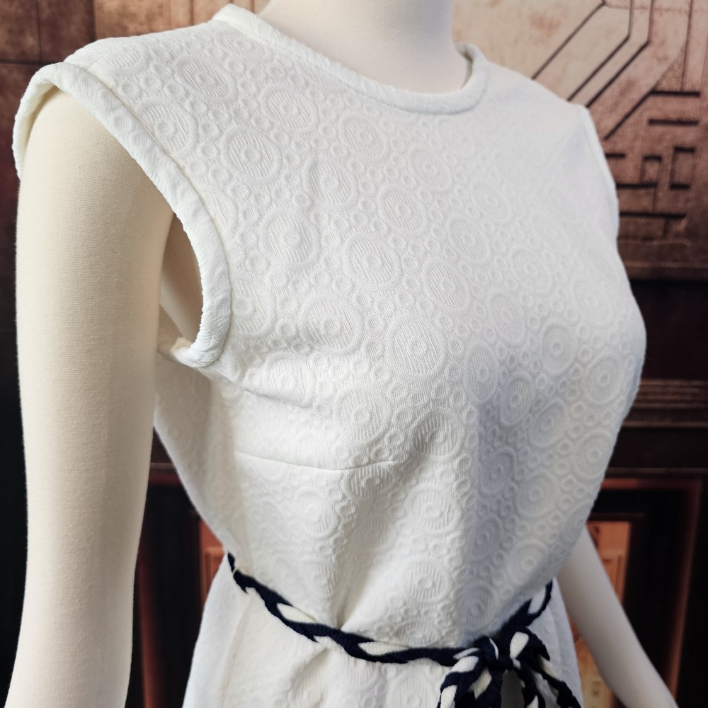 Vintage 1960's Dress Shift White Blue White Braided Belt Sleeveless Retro Pinup - Picture 6 of 13